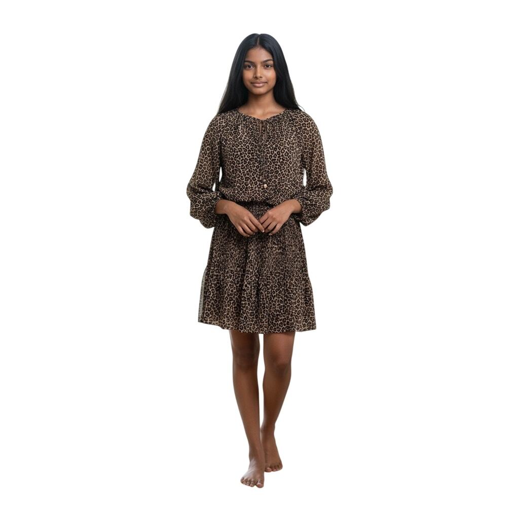 Michael Kors Women’s Long Sleeves Chiffon Dress Leopard Print Brown Size M